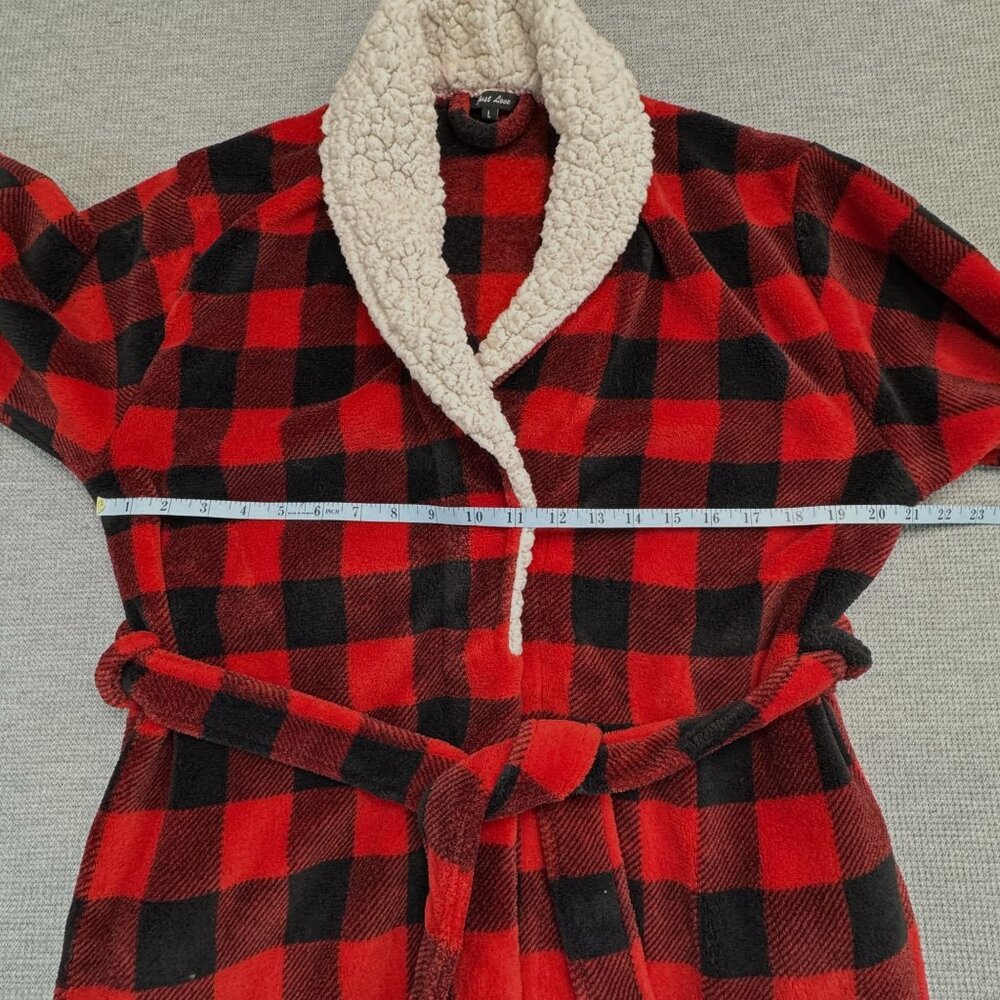 Red Black Buffalo Plaid Sherpa Fleece Robe Womens L Tie Waist Pockets Just Love - Picture 11 of 16